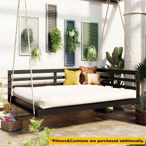 YOOCOZZ Acacia Wood Patio Open-Side Minimalist Design Full Size Porch Swing Bed with Hemp Ropes - 1 of 4