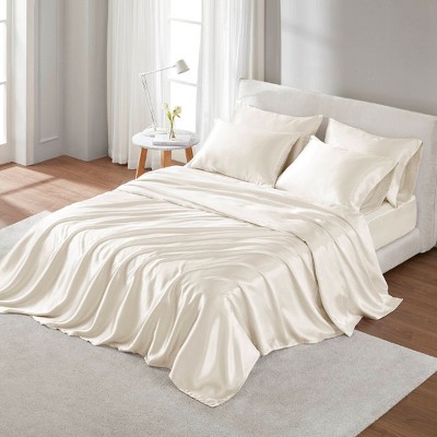 Lyngins Satin Luxury Bed Sheets Set, Wrinkle-Free Split King Bedding Set, 1 Flat Sheet, 2 Fitted Sheets (Fits 16" Mattresses), 4 Pillowcases