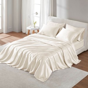 Lyngins Satin Luxury Bed Sheets Set, Wrinkle-Free Split King Bedding Set, 1 Flat Sheet, 2 Fitted Sheets (Fits 16" Mattresses), 4 Pillowcases - 1 of 4