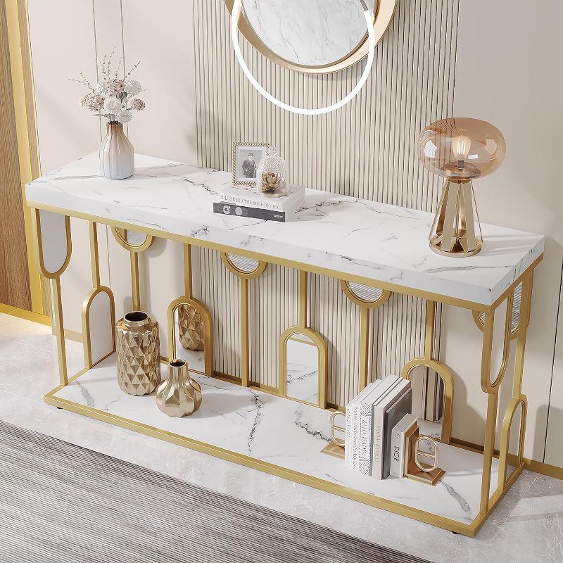 Tribesigns Modern 2-tier Console Table with Mirrored Acrylic and Faux Marble Board, Sofa Table Behind Couch for Entryway Living Room Hallway, 4 of 9