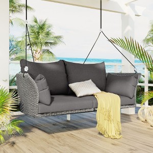 Osparple 2-Seat Rattan Woven Swing Chair,Hanging Porch Swing with Ropes,Cushion and 2 Pillow for Patio Bedroom Porch Garden - 1 of 4