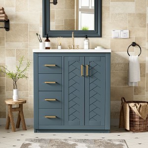 Okak 30" Multi-function Bathroom Vanity with Ceramic Sink, Freestanding Large Storage Bathroom Cabinet with Soft Closing Doors & 3 Drawers, Blue - 1 of 4