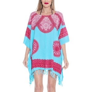 HAPPY BAY Women's Summer Vacation Beachwear Oversized Swim Suit Loose Party Bathing Suit Cover Ups 1X-2X Blue Abstract - 1 of 4