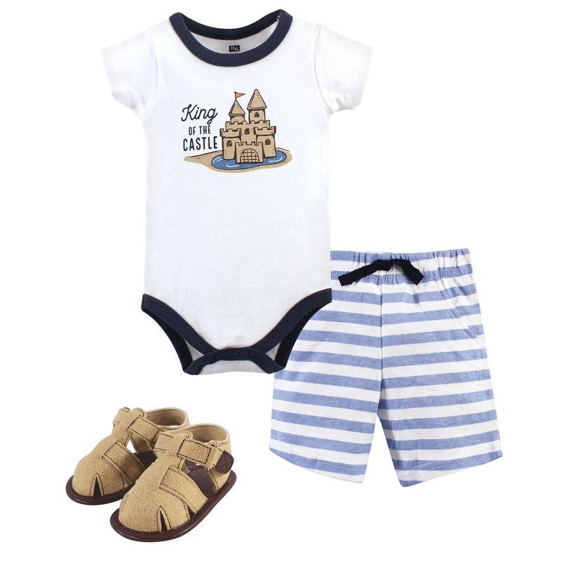 Hudson Baby Infant Boy Cotton Bodysuit, Shorts and Shoe 3pc Set, Sandcastle, 1 of 6