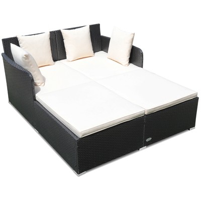 Tangkula Patio Rattan Daybed with 4 Pillows Cushioned Sofa for Outdoor