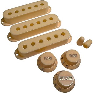 AxLabs Set Of Single Coil Pickup Covers In Modern Spacing (52/50/48), Two Switch Tips, And Three Knobs (Gold Lettering) Parchment - 1 of 1