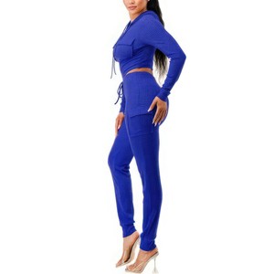 Slickblue Ribbed Zip-Up Cargo Hoodie and Jogger Set for Women - 2 Piece Loungewear, Brown/Blue/Black/Army Green, Size S-XL - 1 of 4