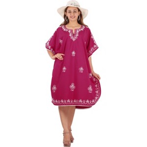 LA LEELA Women's House Daily Routine Evening Wear Holiday Casual Solid Casual Relaxed Caftan Mini Cover Up Evening Dresses for Women 2X-3X Pink, Solid - 1 of 4