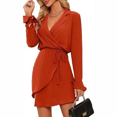 Women's Long Sleeve V Neck Mini Wrap Dress Belted Split Business Casual Work Short Shirt Blazer Dress