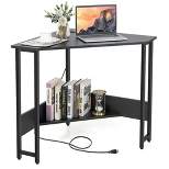 Costway Triangle Computer Desk Corner Desk Home Office with Power Outlets USB Ports Black/Rustic