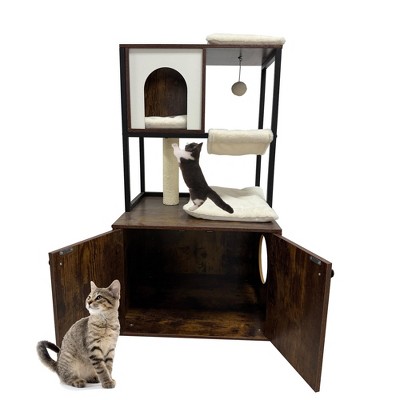 TROPOW Cat Tree with Litter Box Enclosure - Corner Wooden Cat House, Plush Hammock, Scratching Post & Play Ball, Brown