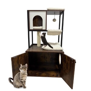 TROPOW Cat Tree with Litter Box Enclosure - Corner Wooden Cat House, Plush Hammock, Scratching Post & Play Ball, Brown - 1 of 4