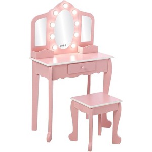 Children's Dressing Table, Pink Princess Girls Dressing Table, Wooden Dressing Table Set with Touch Lights, Mirror, Stool, Bedroom - 1 of 4