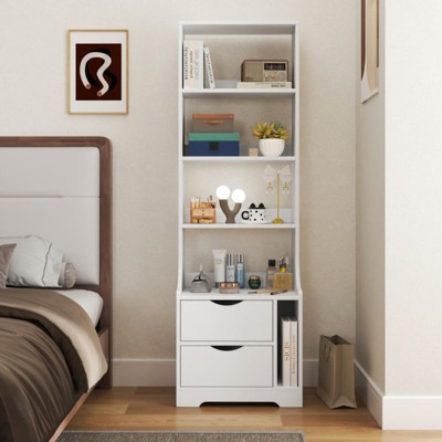 SKRAN Night Stand with Bookshelf and 2 Storage Drawers for Bedroom - White Particle Board and MDF, 18.70"L x 13.39"W x 58.11"H, Space-Saving Storage