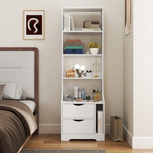SKRAN Night Stand with Bookshelf and 2 Storage Drawers for Bedroom - White Particle Board and MDF, 18.70"L x 13.39"W x 58.11"H, Space-Saving Storage - 1 of 4