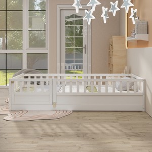 DOMETOUR Twin Size Montessori Floor Bed with Safety Barrier, Door, Wooden Frame, Support Slats, White - 1 of 4
