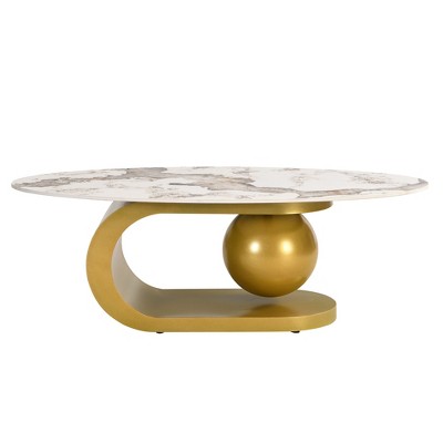 Vynxaria Series 47.2 in. White+Gold Oval Sintered Stone End Table with Marble Pattern and Gold Stainless Steel Base