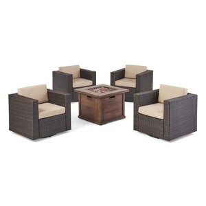 Christopher Knight Home  Achton Outdoor Wicker 5 Piece Swivel Club Chair and Fire Pit Set with Cushions - 1 of 4