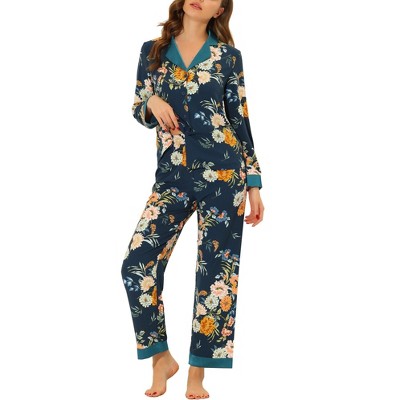 cheibear Women's Floral Long Sleeves Pjs with Pants Lounge Satin Pajama Set