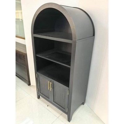 Arched Double Door Bookcase with PVC Rattan Panels, MDF Storage Cabinet with Adjustable Shelves – Natural Wood Finish & Rattan
