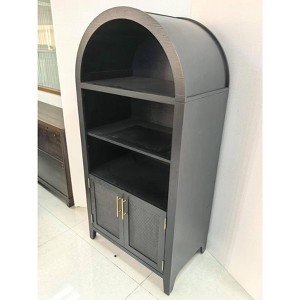 Arched Double Door Bookcase with PVC Rattan Panels, MDF Storage Cabinet with Adjustable Shelves – Natural Wood Finish & Rattan - 1 of 1