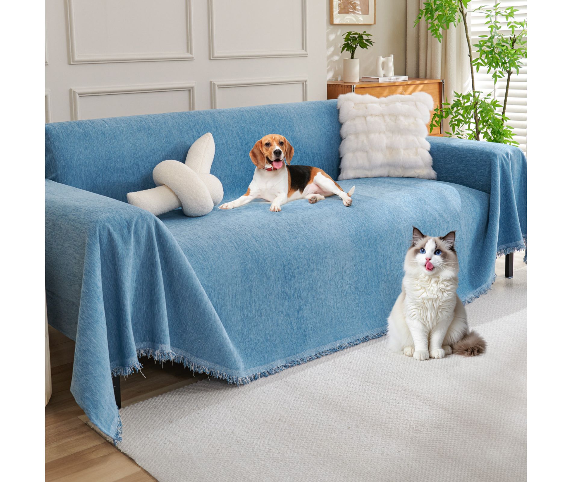 Bekrvio Chenille Couch Covers for Pets Washable Sectional for 3 Cushion- Tassels Cat Scratch Proof Sofa Protector Slipcover, 91'' x 134'', Blue