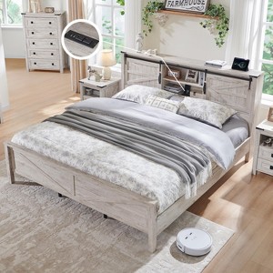 SinCiDo Farmhouse Bed Frame,w/Charging Station, Storage Bookcase Headboard,Sliding Barn Door,No Box Spring Needed, w/Wood Slats Support - 1 of 4