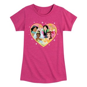 Girls' - Disney Princess - Tiana Jasmine Cinderella Rapunzel Bell Mulan Heart Fitted Short Sleeve Graphic T-Shirt - 1 of 4