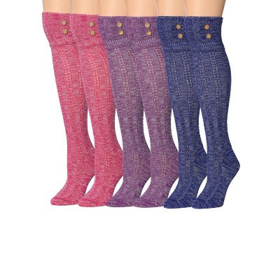 Tipi Toe Womens 3 Pairs Winter Warm Classic With Buttons Comfortable Knee High Cotton-Blend Boot Socks