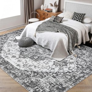 Area Rug, Washable Rug - 8x10ft Vintage Low-Pile Ultra-Thin Carpet, Stain Resistant with Non-Slip Backing for Living Room, Bedroom, Dining Room (Grey) - 1 of 4