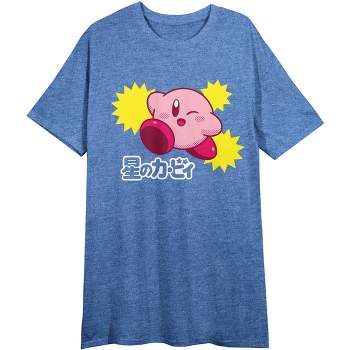 Kirby Classic Cartoon Kanji Graphic Print Adult Blue Oversize Sleep Shirt