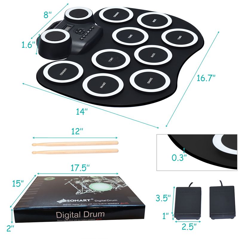 Costway Electronic Roll Up Drum Set 9 Pads MIDI Drum w/ Speaker Headphone & LED Lights, 5 of 11