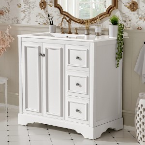 KWPZQEB 36" Bathroom Vanity with Ceramic Sink, Wooden Vanity Cabinet with Drawers & Soft Closing Door, Free Standing Cabinet with U-Shaped Shelf - 1 of 4
