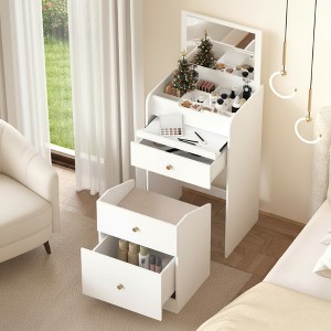 FONTOI 19.6"W 3-in-1 Small Vanity Desk with Mirror and Chair Drawers Mini Space Saving Dressing Table for Girl Bedroom Living Room, White, - 1 of 4