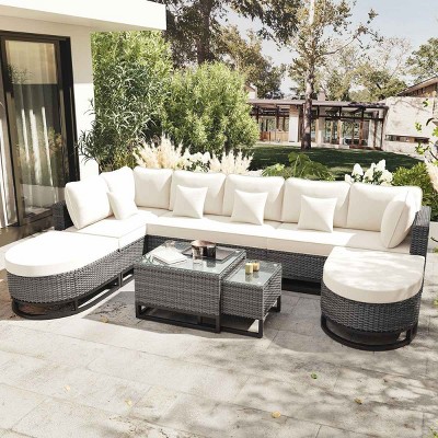 Large Size 7 Pieces Rattan Outdoor Garden Sofa Set,Wicker Patio Conversation Sets,Patio Furniture Sets with Coffee Table and Cushions-Coolbibila