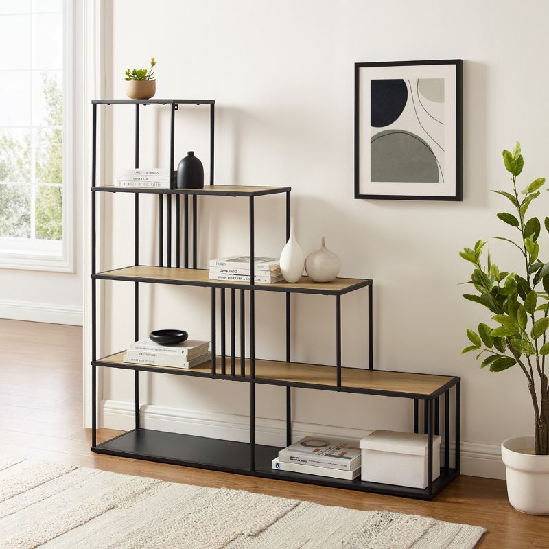 55.5&#34; Modern 4 Shelf with Metal Bar Room Divider Bookcase Coastal Oak/Black - Saracina Home, 3 of 11