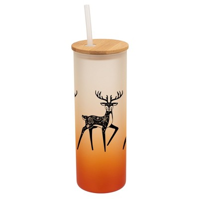 Elanze Designs Graceful Forest Deer Orange Frosted Gradient Glass Tumbler with Bamboo Lid & Straw 25 ounce Reusable Iced Coffee or Water Cup,