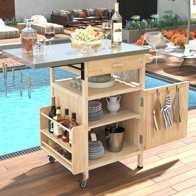 Rolling Kitchen Cart With Stainless Steel Top And Storage Cabinet,Solid Wood Kitchen Island Cart With Drawer And Towel Rack -Maison Boucle