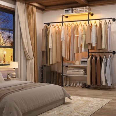 Aheaplus 87-In Heavy-Duty Garment Rack with Wooden Shelves, Pipe Closet Organizer with 4 Hanging Rods
