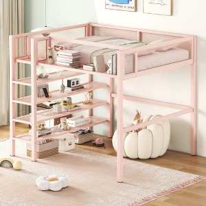 Full Size Metal Loft Bed with 4-Tier Shelves and Storage - 1 of 4