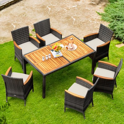 Gray and Beige 6-Person Rattan Dining Set with Acacia Wood Table