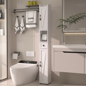VECELO Tall Bathroom Cabinet Slim Narrow Storage Cabinet Linen Tower with 2 Doors and 1 Drawer Floor Cabinet with Adjustable Shelves, White - 1 of 4