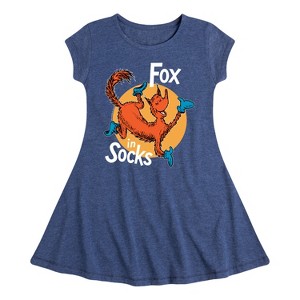 Girls' - Dr. Seuss - Fox In Socks Jumping Fit & Flair Cap Sleeve Graphic Dress - 1 of 4
