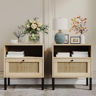 Angel Sar Natural Rattan Nightstand Set of 2, White Bedside Table for Bedroom