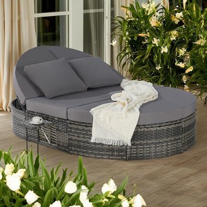 Outdoor Patio Rattan Round Daybed Sunbed with Adjustable Backrests and Foldable Cup Trays - 1 of 4