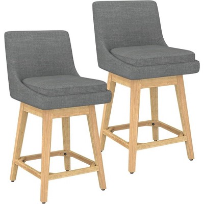 JUJABU 26 Inch Linen Fabric Upholstered Swivel Barstools Set of 2 with Solid Wood Legs, Dark Gray