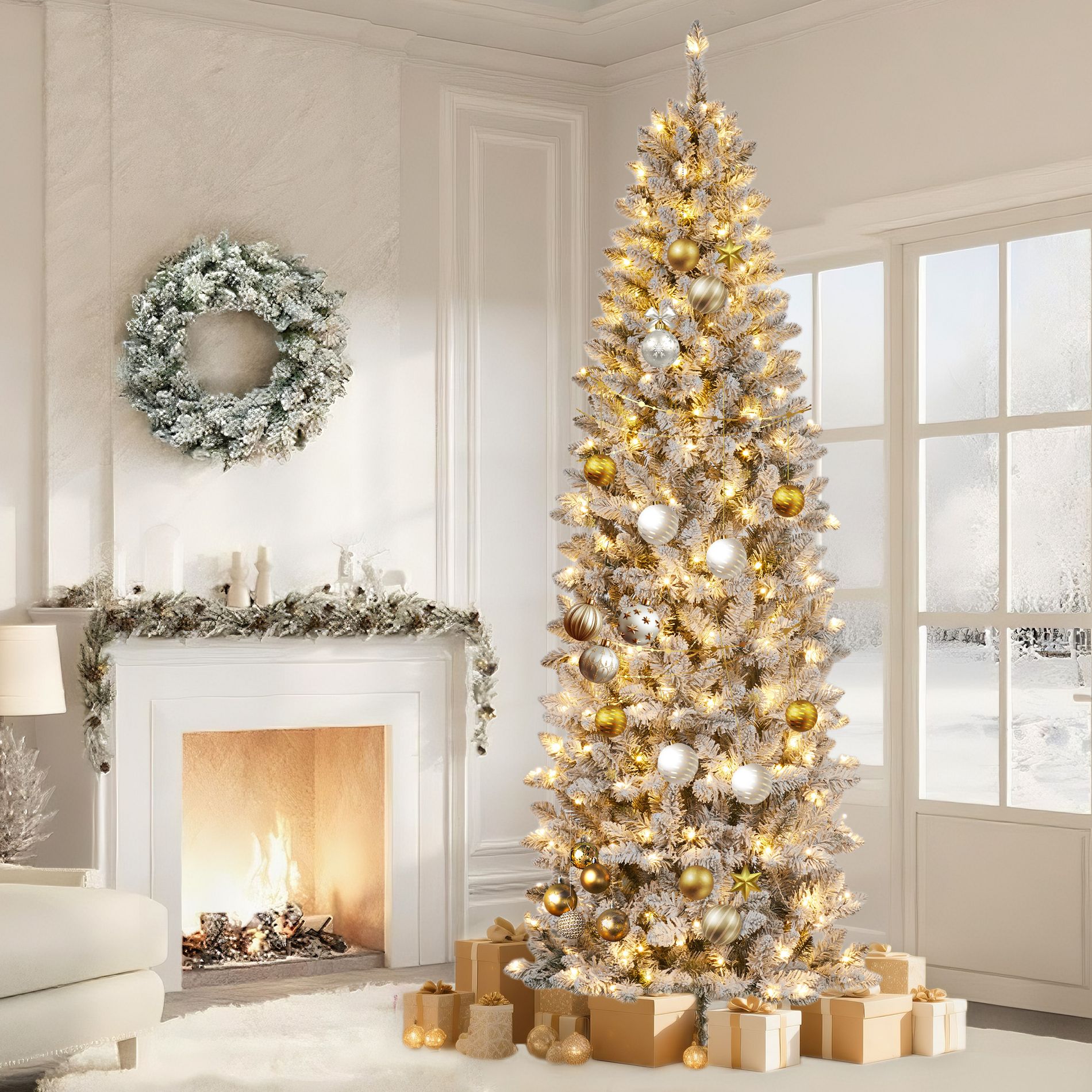 6ft Pencil Artificial Christmas Tree with LED Lights, Mixed PVC Flocked, Slim Prelit Tree, Easy Assembly, Indoor Outdoor Holiday Decoration