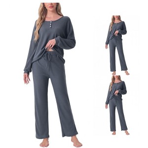 cheibear Women's Waffle Knit Lounge Longsleeve Soft Pajama Set - 1 of 4