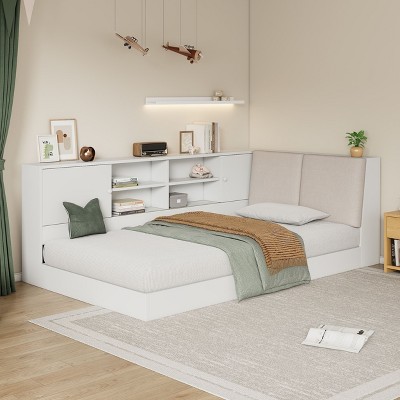 NicBex Twin Size Montessori Bed with Storage Bookcase,Floor Bed with Upholstered Headboard and USB Charging Ports,Toddler Bed for Bedroom,White