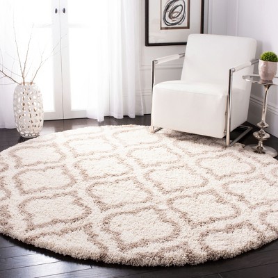 Ivory and Beige Round Geometric Shag Area Rug